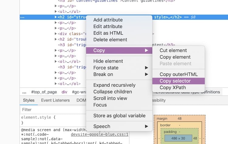 how to copy a CSSselector using inspector 