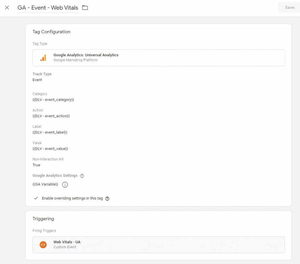 Universal Analytics Tag settings to track web vitals as events