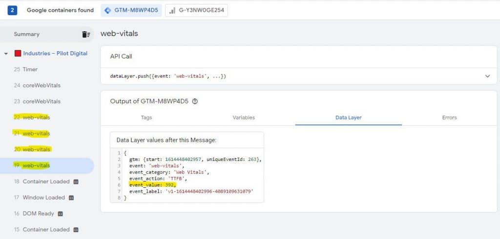 GTM debugger showing web-vitals tags firing